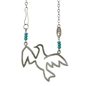 Peace Dove in Flight Necklace Turquoise Beads - Nickel Silver by Shraga Landesman