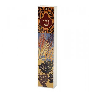 Lucite Mezuzah Case Colorful Aluminum Print, Seven Species - Dorit Judaica