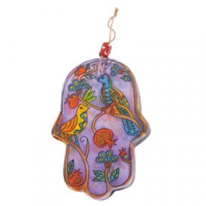 Glass Hamsa Wall Decoration, Hand Painted Pomegranates and Birds - Yair Emanuel