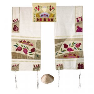 Embroidered Raw Silk Tallit Set Pomegranates, Gold - Yair Emanuel