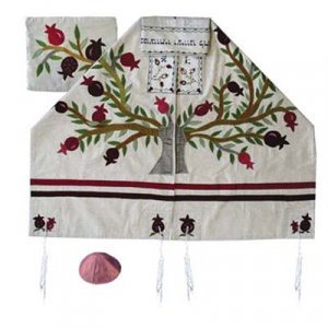 Yair Emanuel Embroidered Silk Tallit Set, Tree of Life and Pomegranates - White