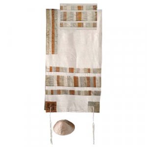 Silk Tallit Set with Embroidered Silk Appliques and Gold stripes by Yair Emanuel