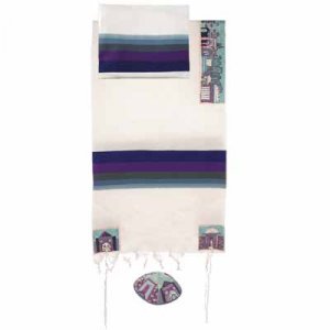 Woven Cotton Tallit Set with Hand Embroidered Jerusalem Images, Blue - Yair Emanuel