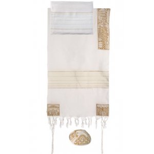 Woven Cotton Tallit Set with Hand Embroidered Jerusalem Images, Gold - Yair Emanuel
