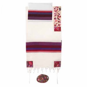 Woven Cotton Prayer Shawl Set with Hand Embroidered Flowers and Matriarchs - Yair Emanuel