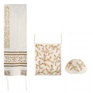 White PolySilk Tallisack with Gold Stripes Embroidered Pomegranates - Yair Emanuel