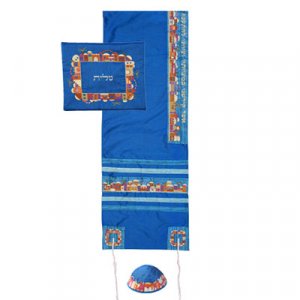 Blue Polysilk Tallit Set Colorful Embroidered Jerusalem Design - Yair Emanuel