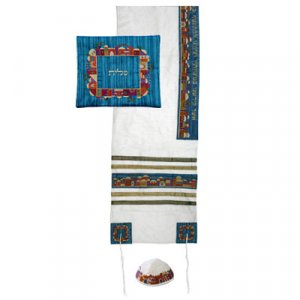 White Polysilk Tallit Set Colorful Embroidered Jerusalem Design - Yair Emanuel