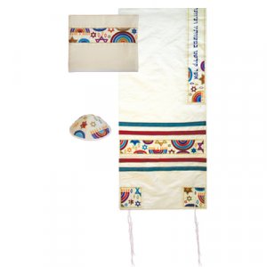 White Polysilk Tallit Set with Embroidered Colorful Judaic Symbols - Yair Emanuel