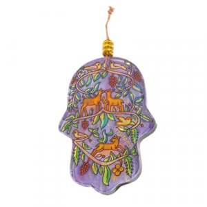 Glass Hamsa Wall Decoration, Hand Painted Forest Scene  Yair Emanuel