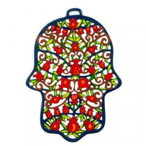 Large Laser Cut Hand-Painted Wall Hamsa, Pomegranates - Yair Emanuel