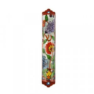 Hand painted Laser Cut Metal Mezuzah Case, Flowers - Yair Emanuel