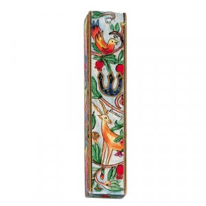 Large Hand Painted Wood Mezuzah Case, Forest Scene - Yair Emanuel