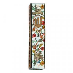 Large Hand Painted Wood Mezuzah Case, Birds on Blue - Yair Emanuel