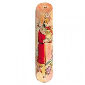 Large Hand Painted Wood Mezuzah Case, King David and his Harp - Yair Emanuel