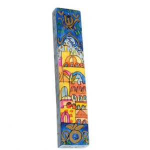 Large Hand Painted Wood Mezuzah Case, Golden Domes of Jerusalem - Yair Emanuel