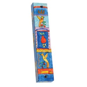 Large Hand Painted Wood Mezuzah Case, Birds and Pomegranates - Yair Emanuel