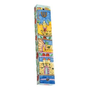 Large Hand Painted Wood Mezuzah, Jerusalem Gate - Yair Emanuel