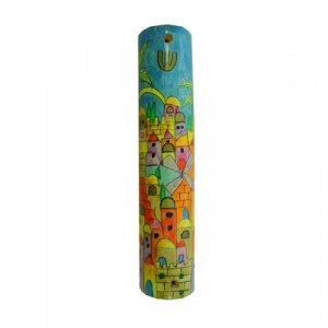 Large Hand Painted Wood Mezuzah Case, Colorful Jerusalem - Yair Emanuel