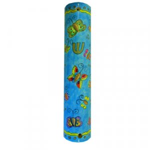 Large Hand Painted Wood Mezuzah Case, Colorful Butterflies - Yair Emanuel