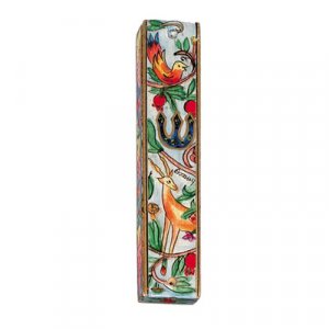 Small Hand Painted Wood Mezuzah Case, Deer and Birds - Yair Emanuel