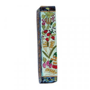 Small Hand Painted Wood Mezuzah Case, Seven Species - Yair Emanuel