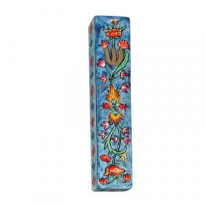 Small Hand Painted Wood Mezuzah Case, Floral Design - Yair Emanuel