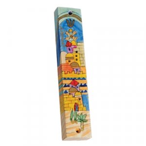 Small Hand Painted Wood Mezuzah Case, Golden Jerusalem - Yair Emanuel