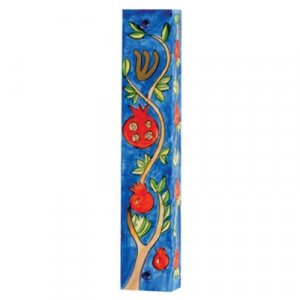 Small Hand Painted Wood Mezuzah Case, Pomegranates on Blue - Yair Emanuel