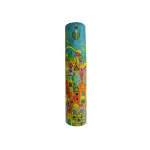 Small Hand Painted Wood Mezuzah Case, Colorful Jerusalem - Yair Emanuel