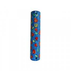 Small Hand Painted Wood Mezuzah Case, Red Pomegranates on Blue - Yair Emanuel