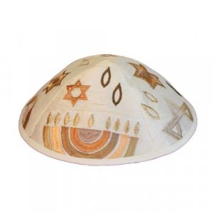 Embroidered Kippah with Hanukkiah, Star of David and Flame in Gold - Yair Emanuel