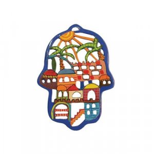 Hand Painted Colorful Laser Cut Wall Hamsa, Jerusalem - Yair Emanuel