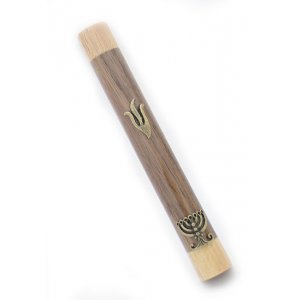 Mezuzah Case of Two-Tone Brown Wood with Shin and Menorah in Gold Pewter
