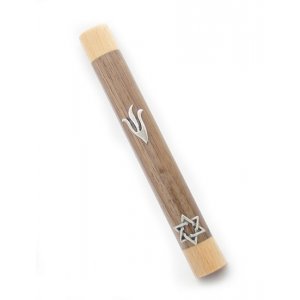 Mezuzah Case in Two Tone Brown Wood with Silver Pewter Shin and Star of David