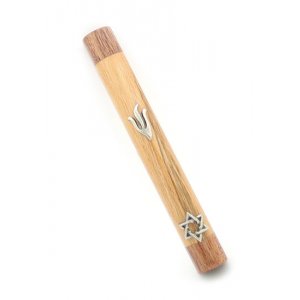 Rounded Mezuzah Case of Light Brown Wood - Silver Pewter Shin and Star of David