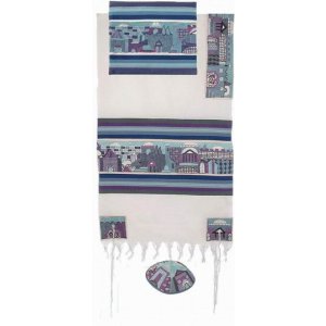 Hand Embroidered Woven Cotton Tallit Set with Jerusalem Design, Blue - Yair Emanuel
