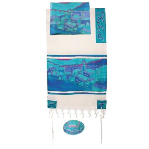 Woven Cotton and Silk Tallit Set, Turquoise Jerusalem Views - Yair Emanuel