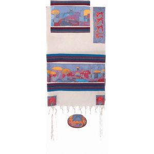 Woven Cotton and Silk Tallit Set, Colorful Jerusalem Images - Yair Emanuel