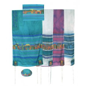 Hand Painted Silk Tallit Set, Jerusalem Images - Yair Emanuel