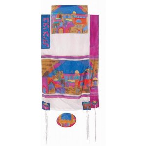 Hand Painted Silk Tallit Set, Multicolor, Jerusalem Views - Yair Emanuel