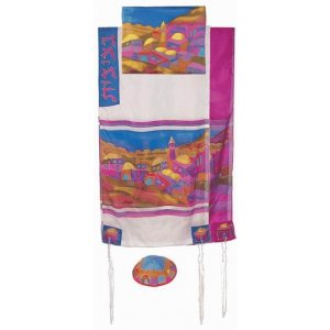 Hand Painted Pure Silk Tallit Set with Colorful Jerusalem Views - Yair Emanuel