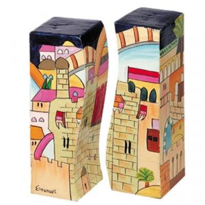 Hand-Painted Wood Fitted Salt & Pepper Shaker, Jerusalem - Yair Emanuel