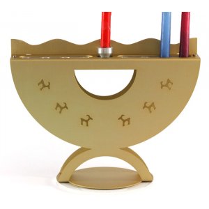 Aluminum Curved Hanukkah Menorah with Ibex Design, Gold - Shraga Landesman