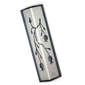 Angular Shiny Silver Aluminum Mezuzah Case - Pomegranate Motif by Shraga Landesman