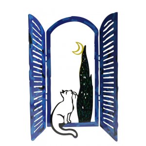 Free Standing Open Window Sculpture - Cat Moon and Tree by David Gerstein