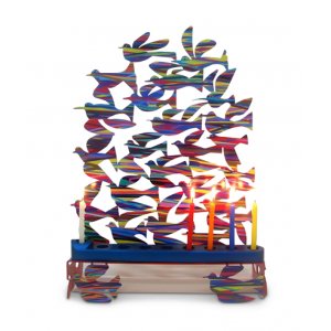 Laser Cut Metal Colorful Hanukkah Menorah, Birds in Flight - David Gerstein