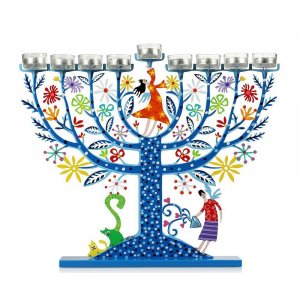 Hand Painted Hanukkah Menorah, Family Tree , Blue - Tzuki Art