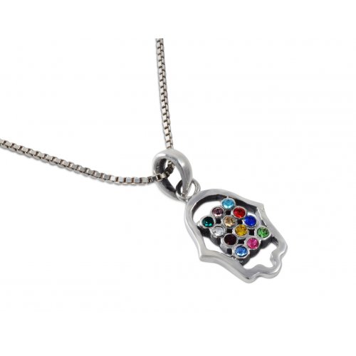 925 Sterling Silver Pendant Necklace - Colorful Choshen Breastplate in Hamsa Image