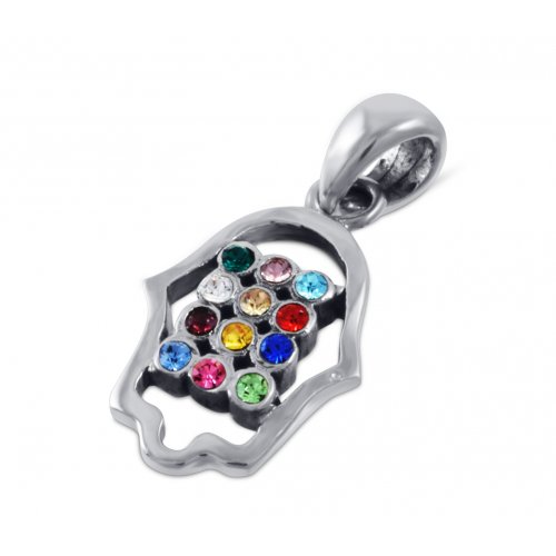 925 Sterling Silver Pendant Necklace - Colorful Choshen Breastplate in Hamsa Image